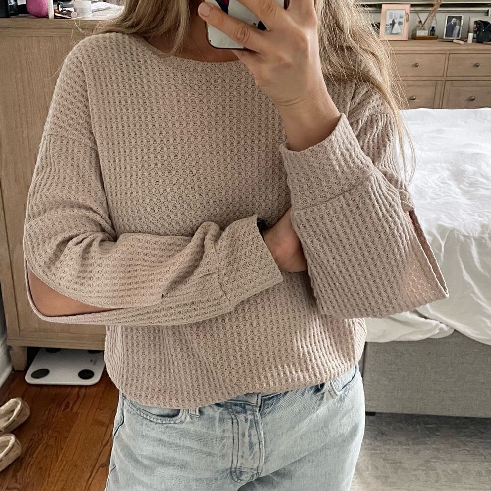 LNA Light Beige Thermal Long Sleeve Sweater Top with Elbow Slits